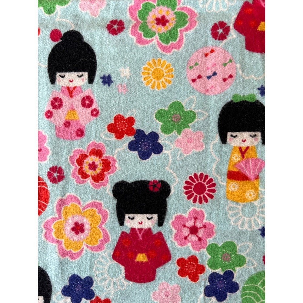 Fabric OOP Japanese Kokeshi Dolls Cherry Blossoms Washed Cotton Flannel - 1 Yard